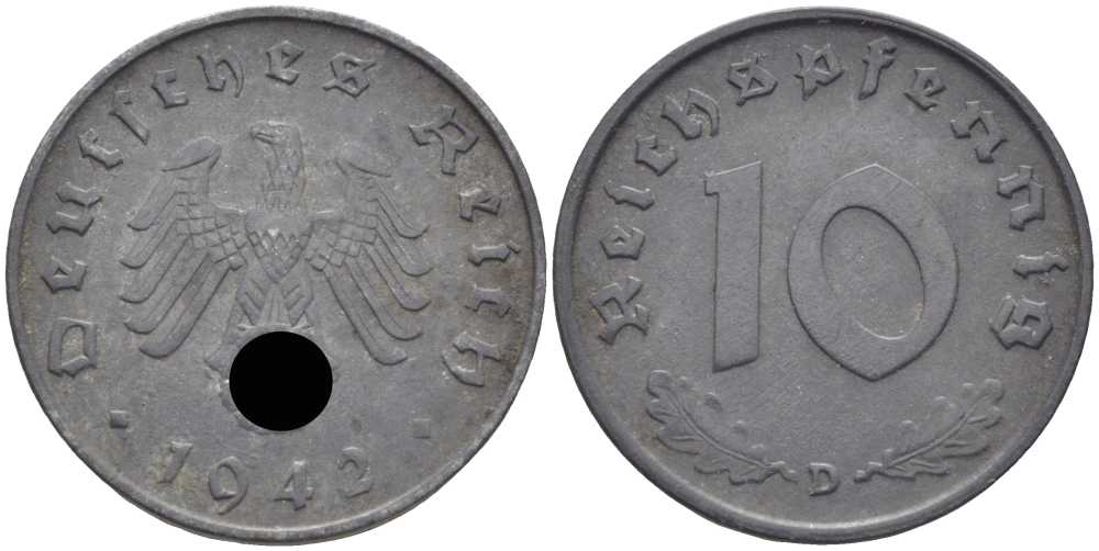 ГЕРМАНИЯ 10 РЕЙХСПФЕННИГОВ 1942 D KM 101, J. 371 цинк 4401-642