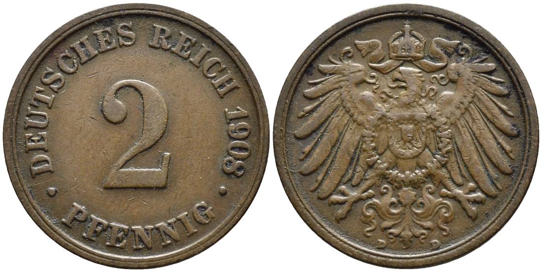 ГЕРМАНИЯ 2 ПФЕННИГА 1908 D KM 16, Jager 11, Weege 4 медь 4546-651