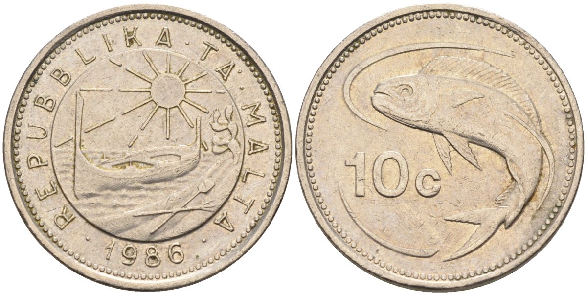 Мальта 10 центов 1986 золотая макрель KM 76 медно-никель 4588-164