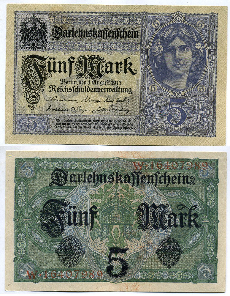 Германия 5 марок 1917 8 значный номер, серия W Pick 56 b бумага UNC (пресс) 8613-53-3-1