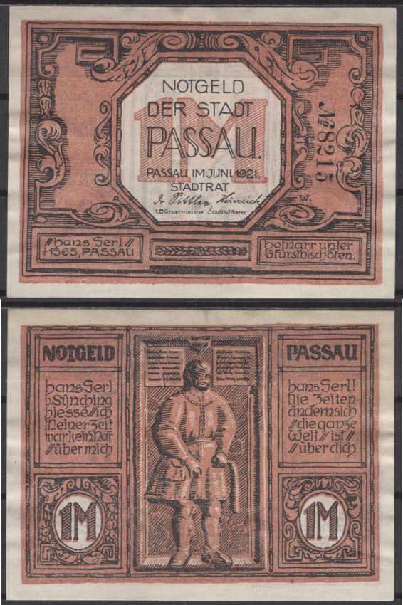 Пассау 1 марка 1921 Grabowski 1051.2a бумага 2193-48-3-2