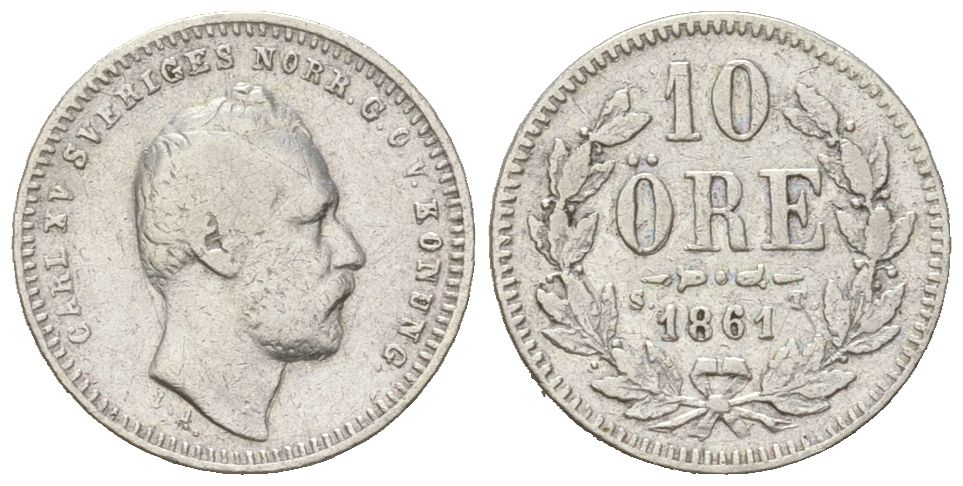 Швеция 10 эре 1861 ST, Карл XV (1859-1872) KM 710 серебро 4611-351
