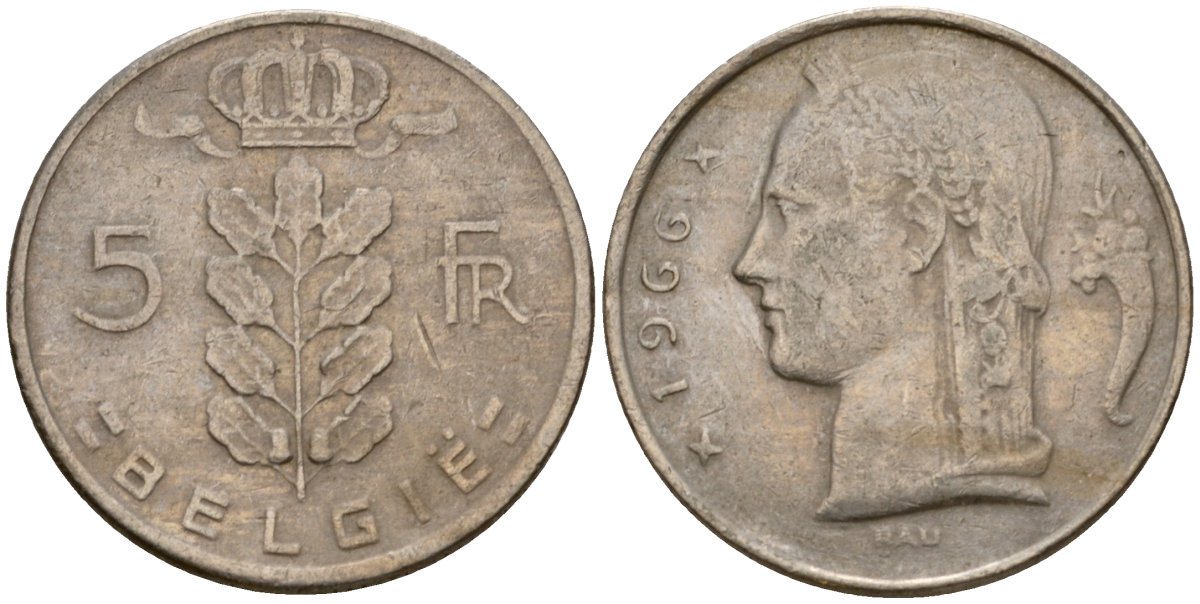 Бельгия 5 франков 1966 Belgie, Бодуэн I (1951-1993) KM 135 медно-никель 4397-635