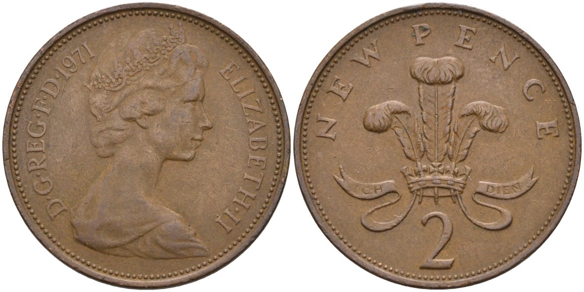 Великобритания 2 пенса 1971 Елизавета II (1952-2022) KM 916, Spink 4235 (C1) бронза 4587-846