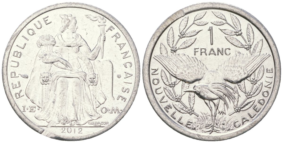 Французская Новая Каледония 1 франк 2012 птица кагу, (IEOM) KM 10, Schoen 10 алюминий 31-617