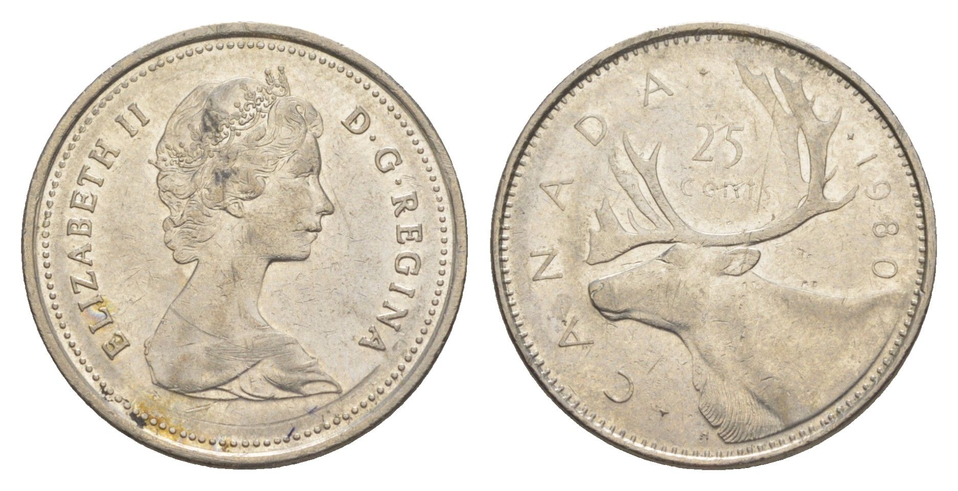 Канада 25 центов 1980 Елизавета II (1952-2022), олень KM 74 никель 4648-1157