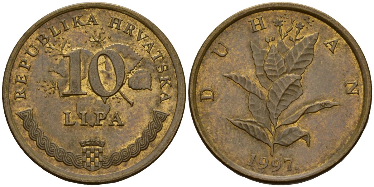 Хорватия 10 лип 1997 табак обыкновенный, легенда на хорватском KM 6 сталь плакированная латунью 4154-625