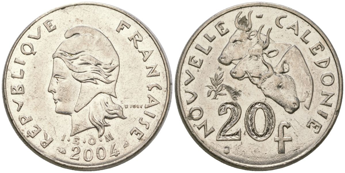 Французская Новая Каледония 20 франков 2004 три быка, (IEOM) KM 12, Schoen 14, Lec 15h никель 4131-715