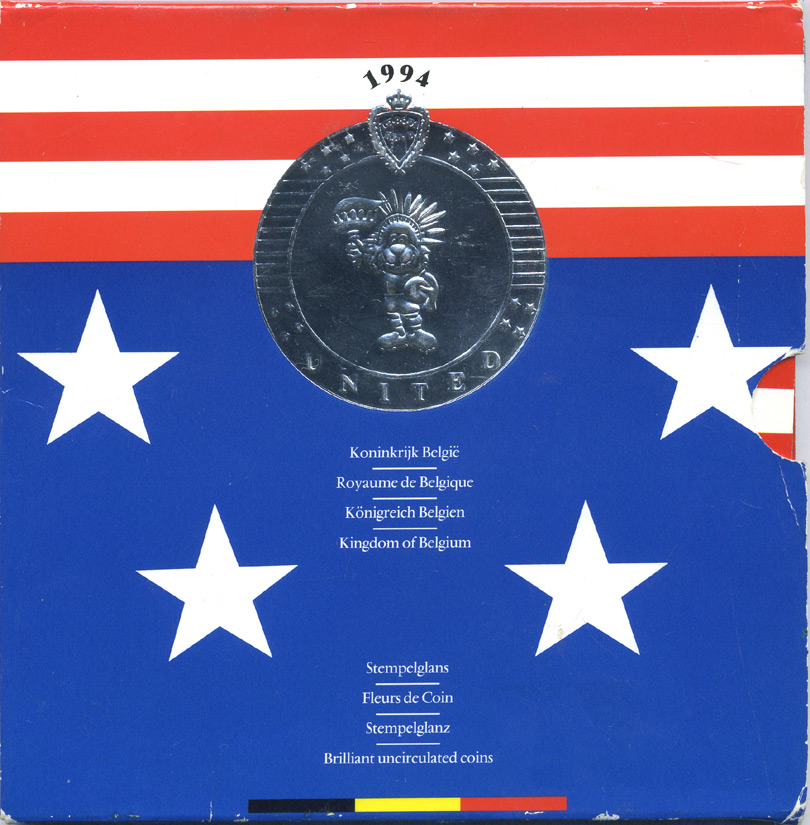 Бельгия набор из 10 монет + жетон 1994 Belgie-Belgique, чемпионат мира по футболу 1994 года В США, в оригинальном картонном буклете KM MS 7 UNC 2-6-3-13