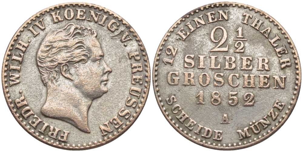 Пруссия 2 1/2 серебряного гроша 1852 А, Фридрих Вильгельм IV (1840-1861) KM 444, Olding 323, AKS 87, Jaeger 65 серебро 201-654