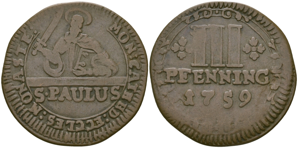Мюнстер 3 пфеннига 1759 Кафедральный выпуск KM 430 медь 65-651