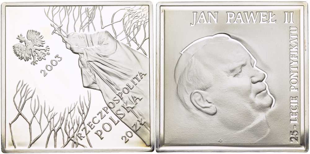 Польша 20 злотых 2003 MW, 25 лет Пантификата, Иоанн Павел II, размер 40Х40 мм., в пластике KM 471 серебро PROOF 3-5-3-43