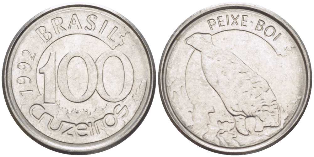 БРАЗИЛИЯ 100 КРУЗЕЙРО 1992 РЕФОРМА 1990-1993, ЛАМАНТИН KM 623 нержавеющая сталь 4387-1255