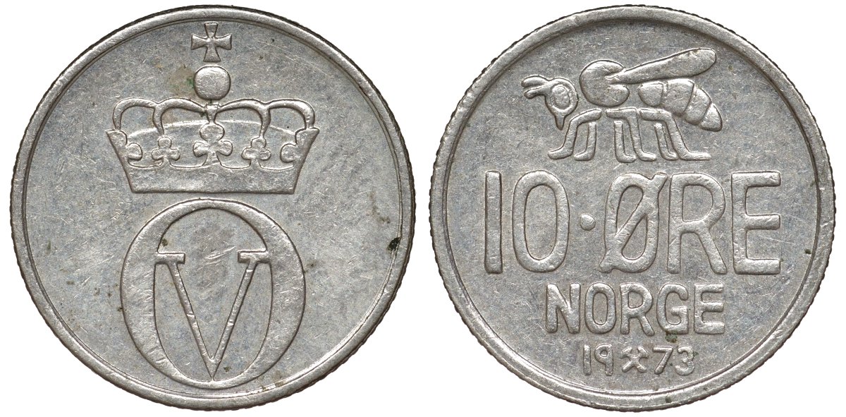 Норвегия 10 эре 1973 пчела, Улаф V (1958-1991) KM 411 медно-никель 51-2915