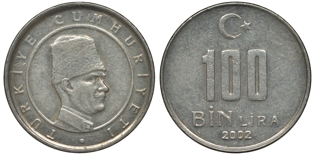 Турция 100000 лир 2002 Мустафа Кемаль Ататюрк KM 1106 медь никель цинк 4122-247