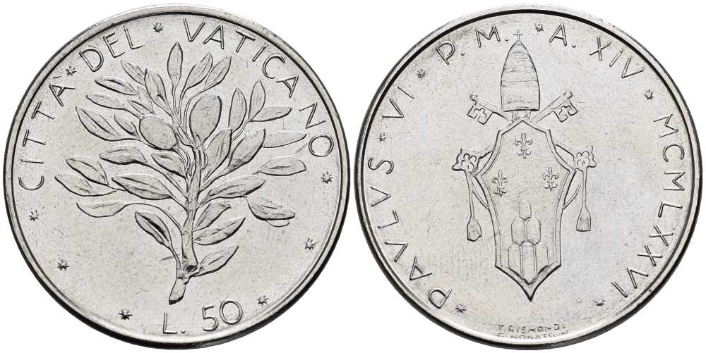 ВАТИКАН 50 ЛИР 1976 ГОД XIV, ПАВЕЛ VI (1963-1978), ОЛИВКОВАЯ ВЕТВЬ KM 121 нержавеющая сталь 4519-337