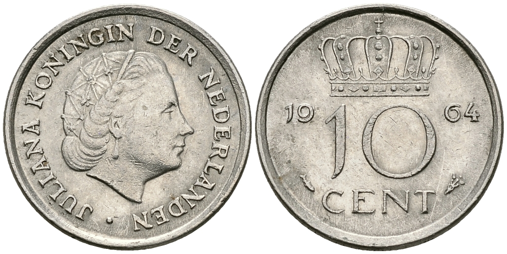 НИДЕРЛАНДЫ 10 ЦЕНТОВ 1964 ЮЛИАНА KM 182 никель 96-447