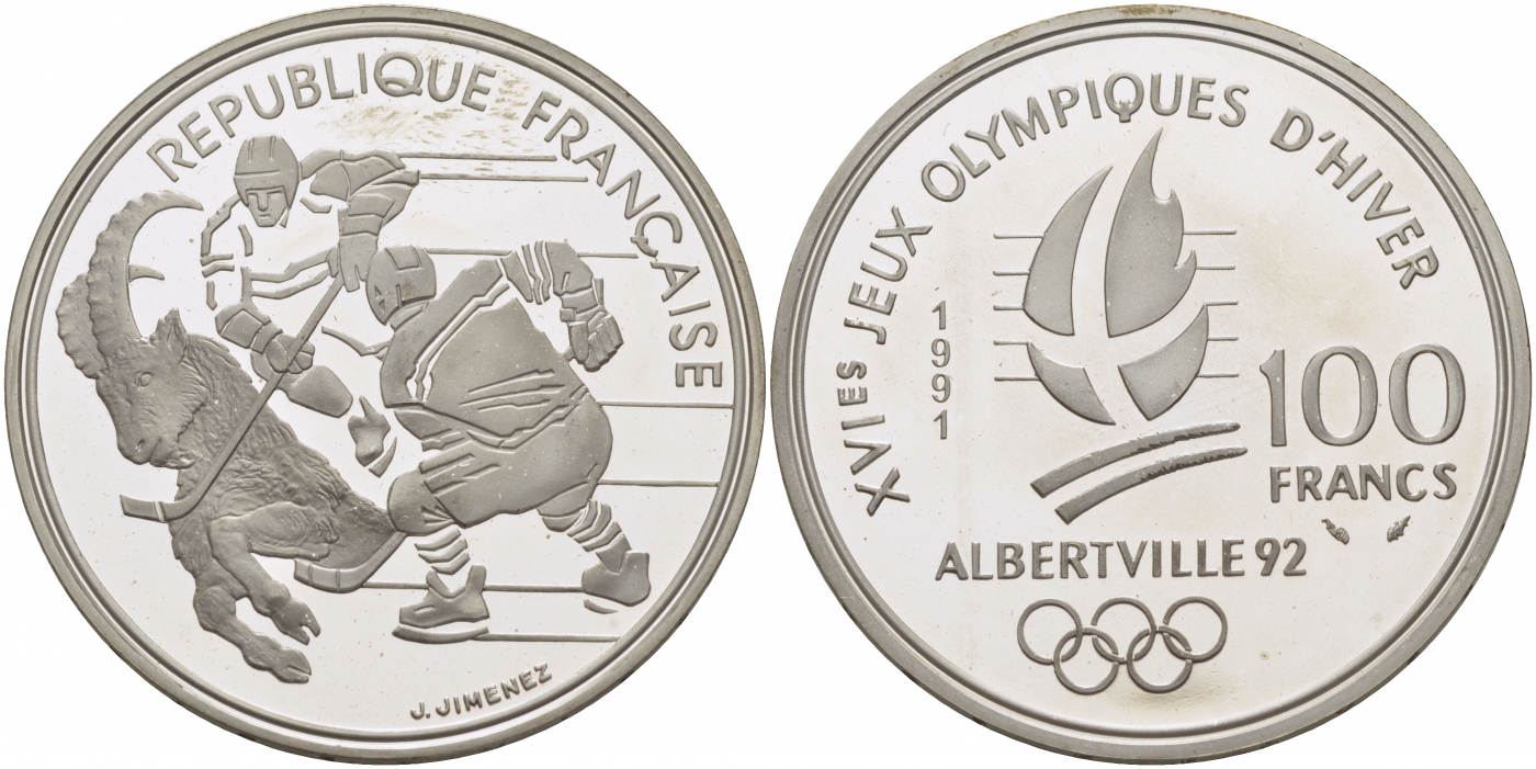 Франция 100 франков 1991 XVI Зимние Олимпийские игры 1992 в Альбервиле, хокей KM 993 серебро PROOF 1077-5-13
