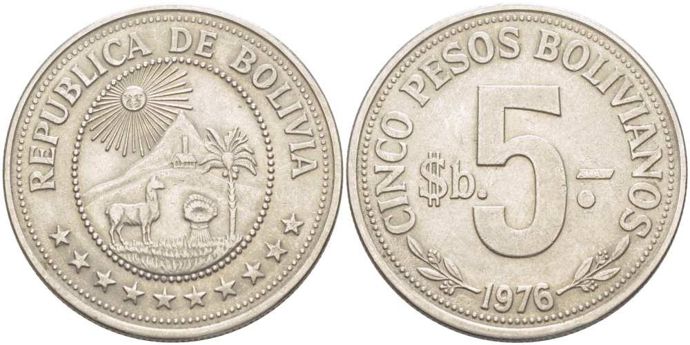 БОЛИВИЯ 5 ПЕСО 1976 KM 197 сталь плакированная никелем 4512-1013