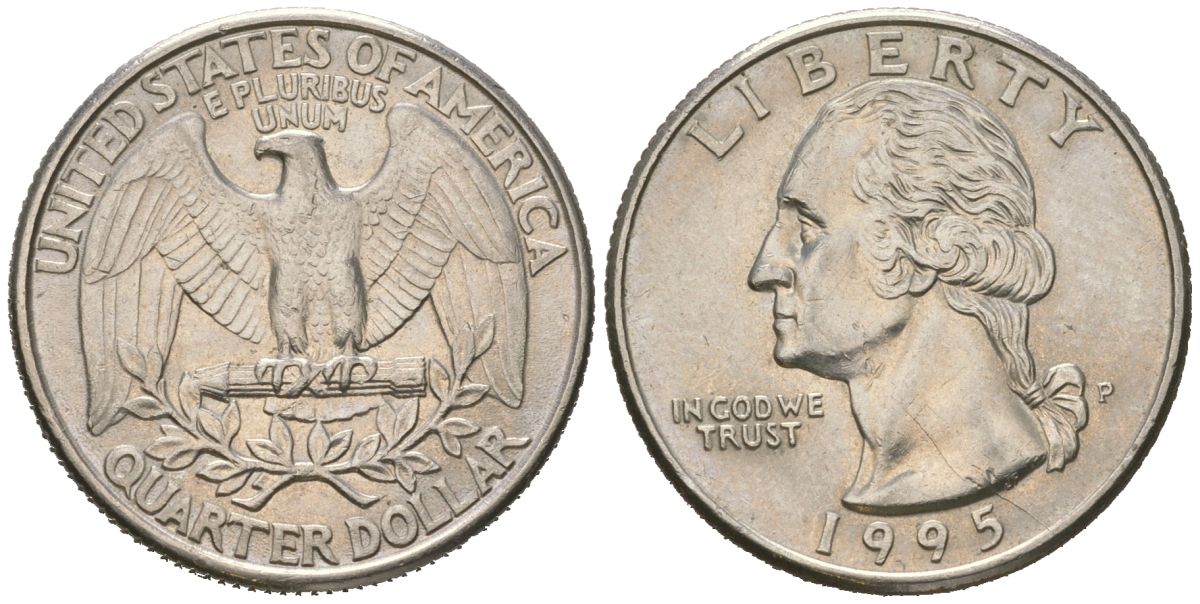 США 25 центов = квотер = 1/4 доллара 1995 P, Джордж Вашингтон KM 164a медь плакированная медно-никелем 216-753