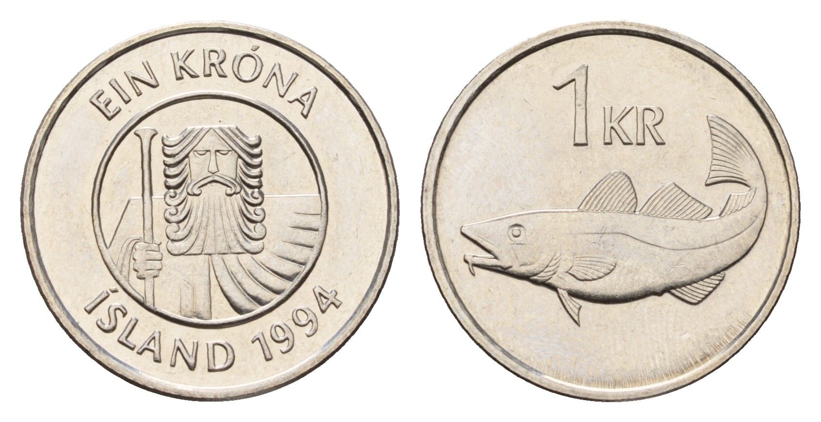 Исландия 1 крона 1994 треска KM 27a сталь плакированная никелем UNC 4647-1218