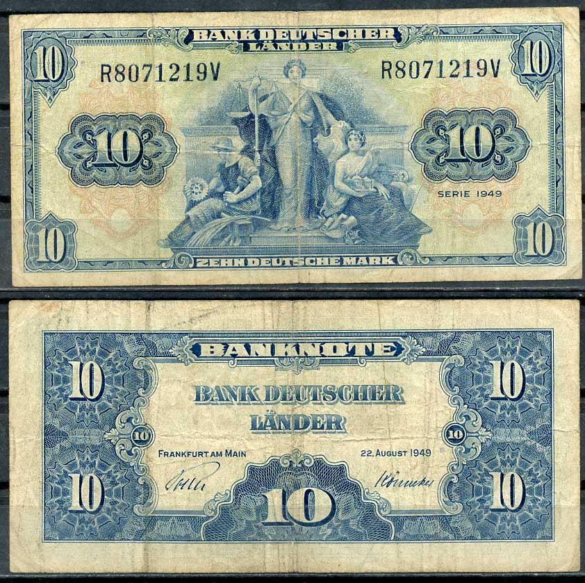 ФРГ 10 марок 1949 22 августа 1949, Франкфурт-на-Майне Pick 16 a, Розенберг 258 бумага 444-2-1-2