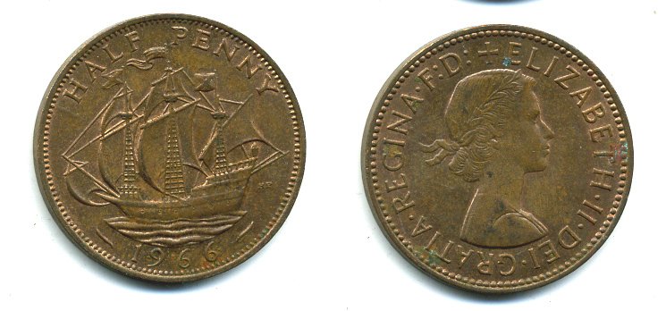 Великобритания 1/2 пенни 1966 Елизавета II (1952-2022) KM 896, Spink 4158 бронза 41-657