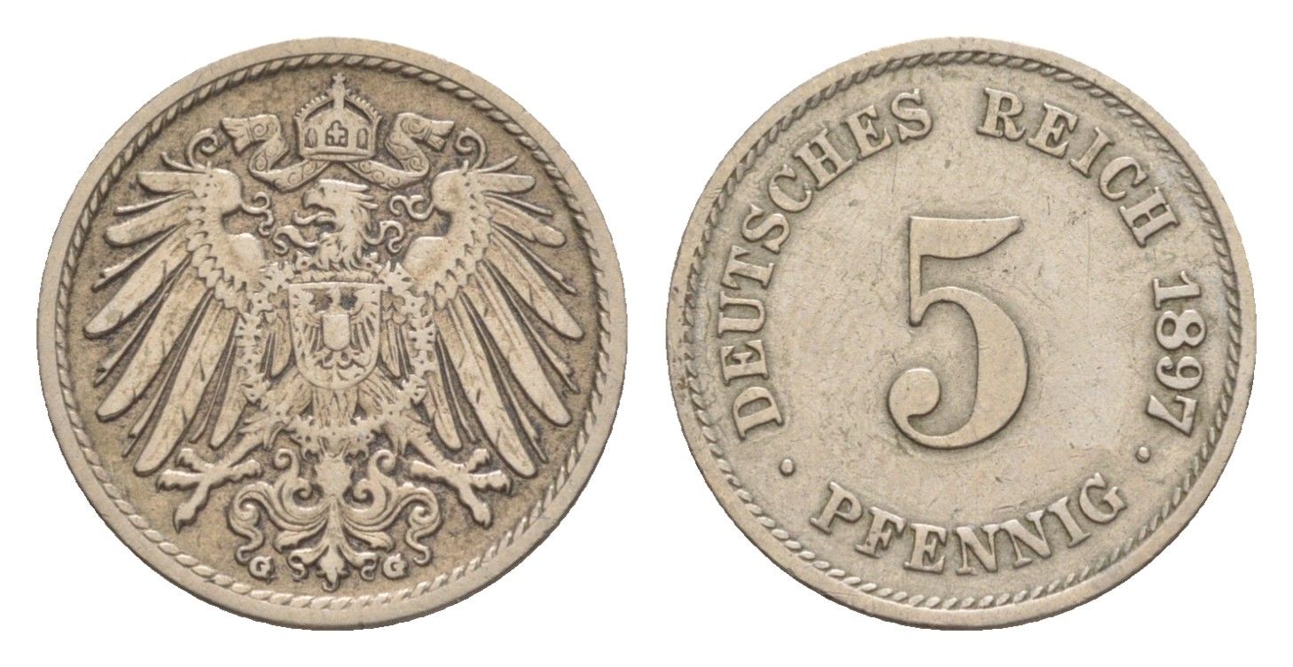 Германия 5 пфеннигов 1897 G, Вильгельм II (1888-1918) KM 11, J. 12 медно-никель 4639-1264