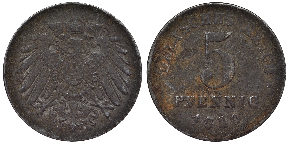 Германия 5 пфеннигов 1920 F KM 19, J. 297, Weege 5 железо 4118-1122