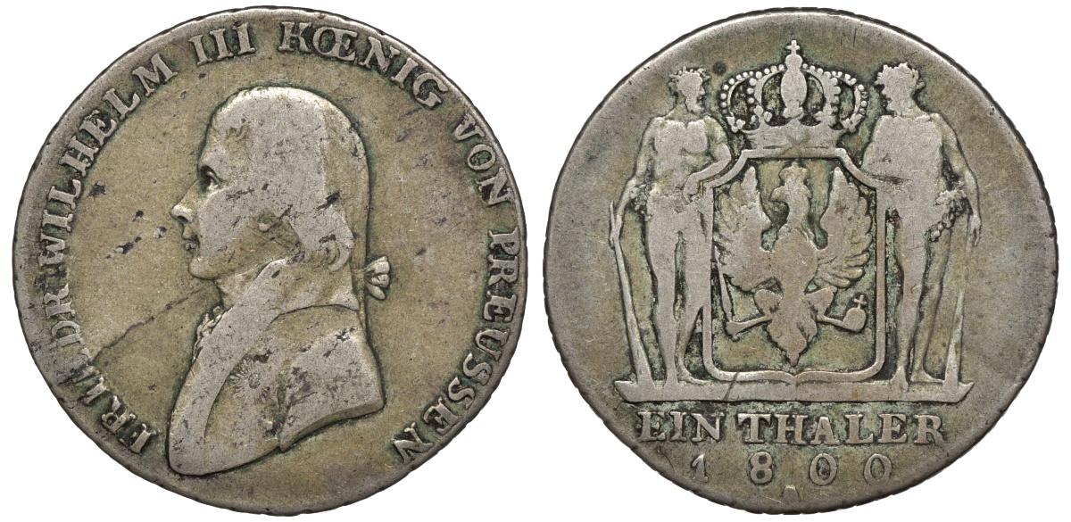 Пруссия 1 талер 1800 A, Фридрих Вильгельм III (1797-1840) KM 368, AKS 10, Dav. 2603, Kahnt 361, Thun 242 серебро 00-1067-1-23