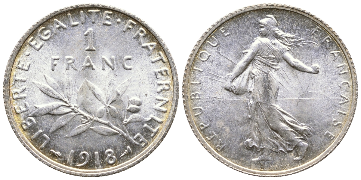 Франция 1 франк 1918 сеятель KM 844.1, Le Franc 217.24 серебро UNC 259-732