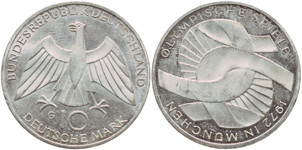 ФРГ 10 марок 1972 G, XX летние Олимпийские игры 1972 года в Мюнхене, символика KM 131, J.402 серебро aUNC 1522-411