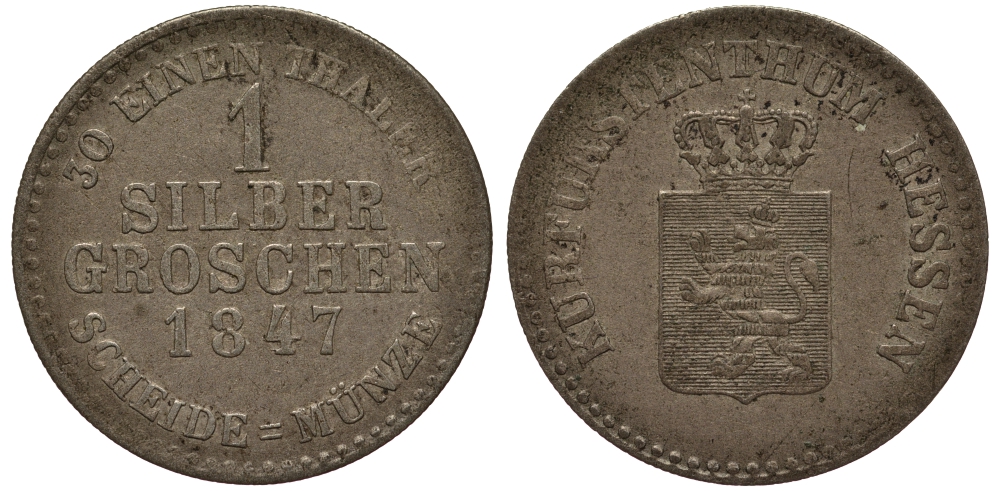 Гессен - Кассель 1 серебряный грош 1847 Вильгельм II И Фридрих Вильгельм (1831-1847) KM 601 серебро 1517-644