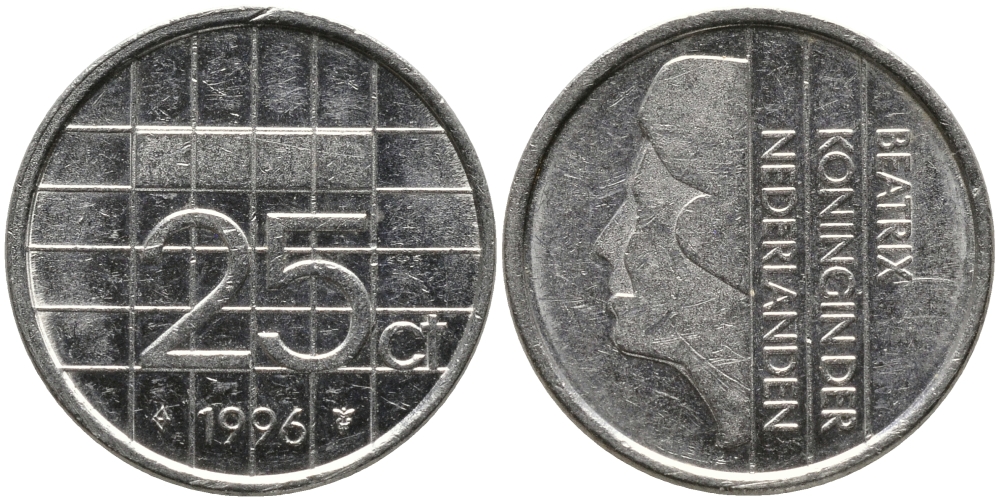 НИДЕРЛАНДЫ 25 ЦЕНТОВ 1996 БЕАТРИКС KM 204 никель 96-1263