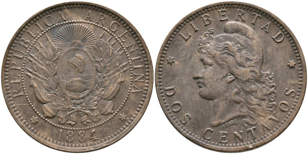 Аргентина 2 сентаво 1884 голова свободы влево KM 8 бронза 4531-521