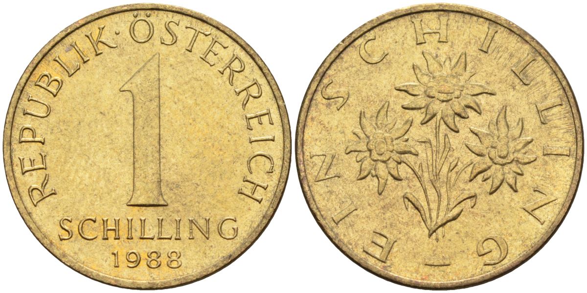 Австрия 1 шиллинг 1988 KM 2886 алюминиевая бронза 4592-1035