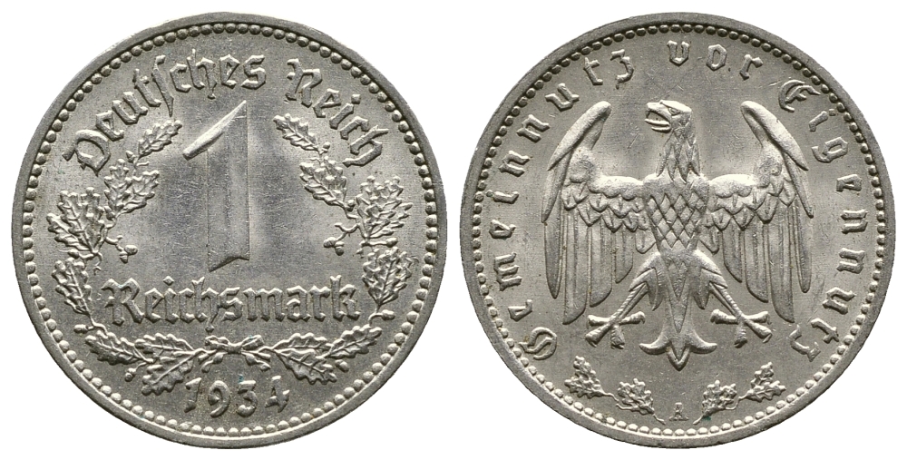 ГЕРМАНИЯ 1 РЕЙХСМАРКА 1934 А KM 78, J. 354 никель 4380-517