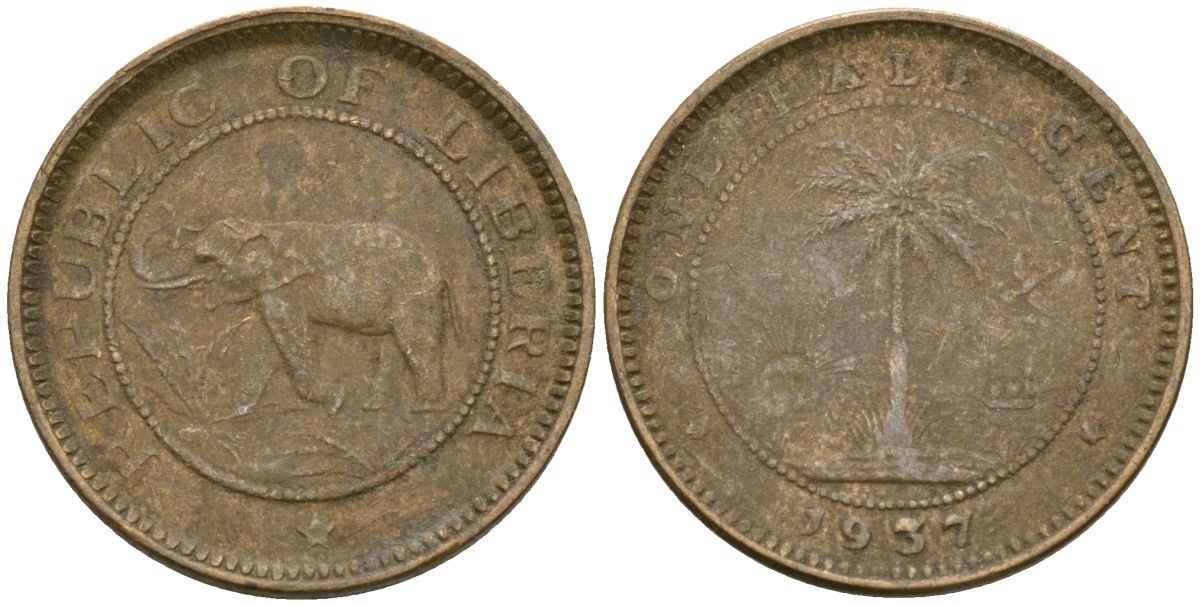 Либерия 1/2 цента 1937 KM 10 латунь 4174-351