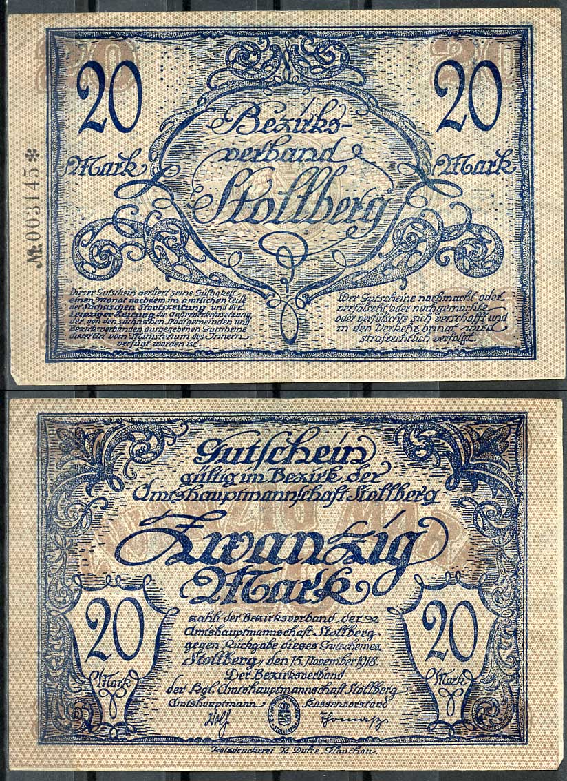 Германия, Штольберг 20 марок 1918 нотгельд, 15.11.1918, цифры черные, малые Geiger 511.02  бумага   444-120-1-2