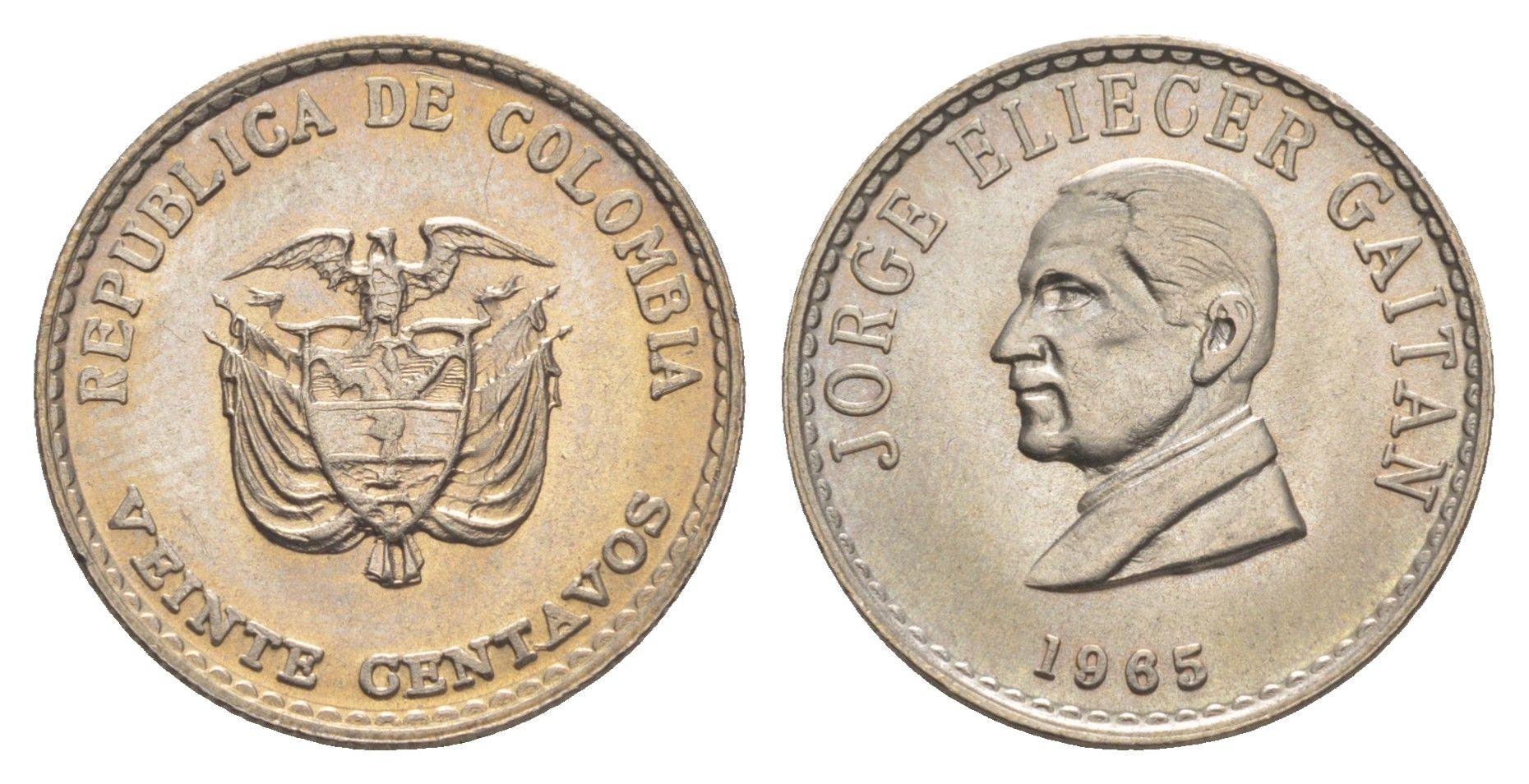 Колумбия 20 сентаво 1965 Хорхе Эльесер Гайтан KM 224 медно-никель UNC 4652-1111