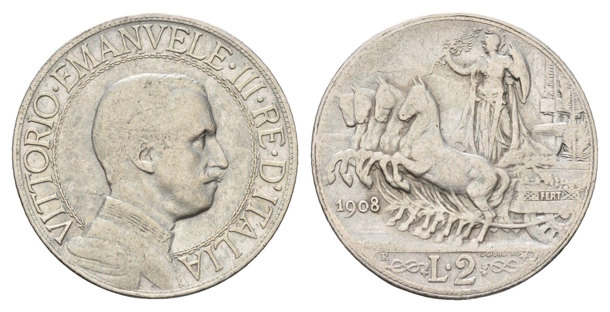 Италия 2 лиры 1908 R, Виктор Эммануил III (1900-1946) KM 46 серебро 413-2324