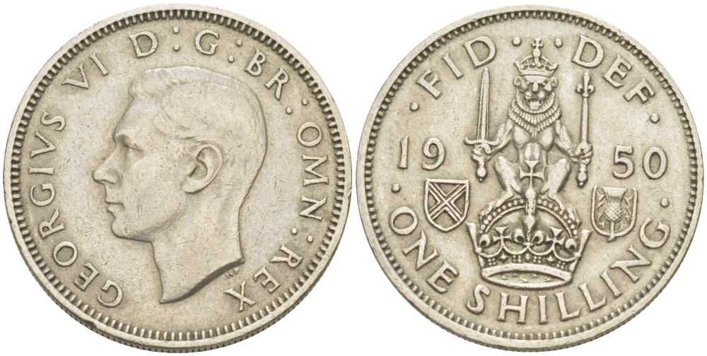 Великобритания 1 шиллинг 1950 Георг VI (1936-1952), Шотландский герб KM 877, Spink 4109 медно-никель 212-932