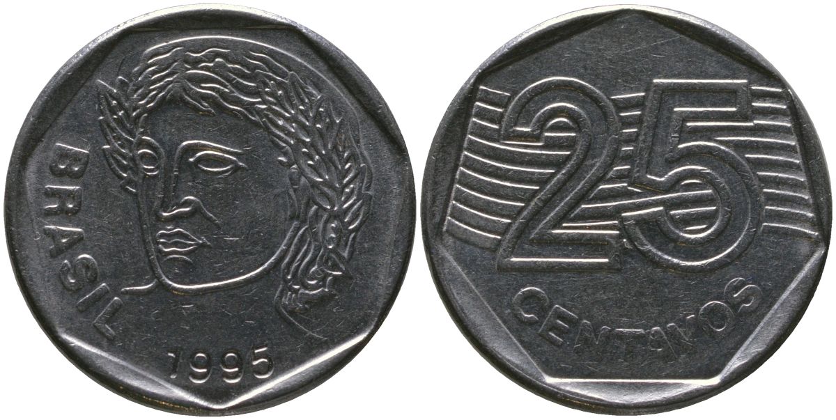Бразилия 25 сентаво 1995 KM 634, Schon 143 нержавеющая сталь 4519-1141
