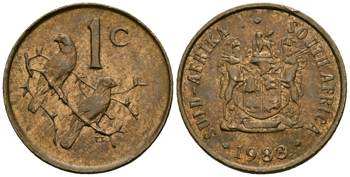 ЮАР 1 цент 1983 герб, капские воробьи KM 82 бронза 4136-848