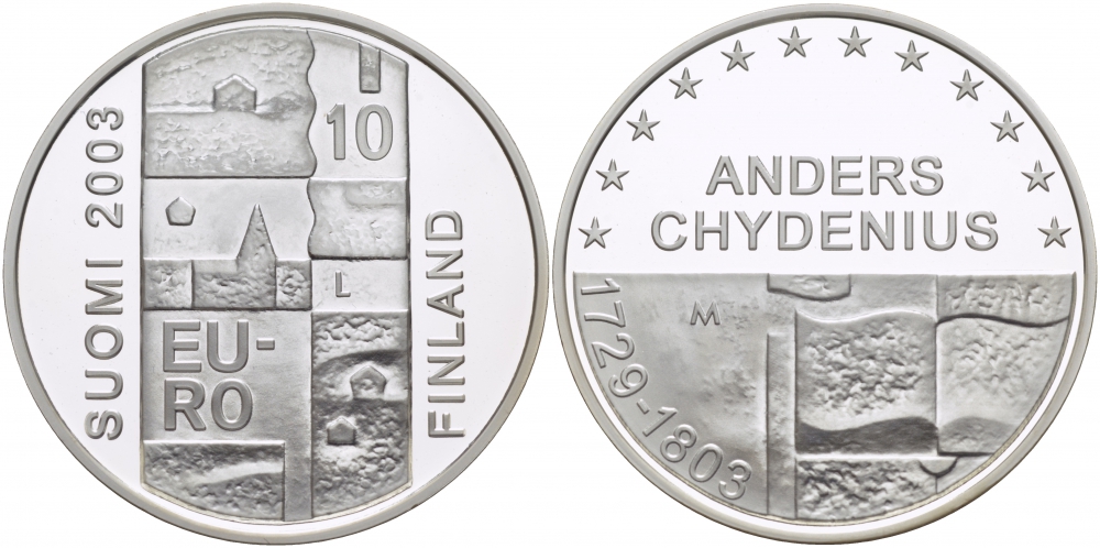 Финляндия 10 евро 2003 200 лет со дня смерти Андерса Чудениуса KM 110 серебро PROOF 11-176-42