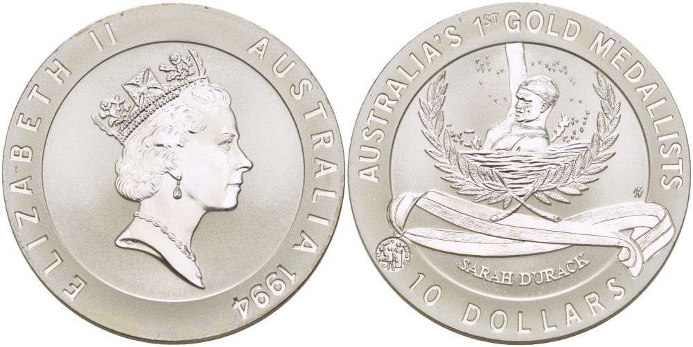 Австралия 10 долларов 1994 1-ое Олимпийское золото Австралии, 1912 год, плавание KM 226 серебро PROOF 1082-6-63