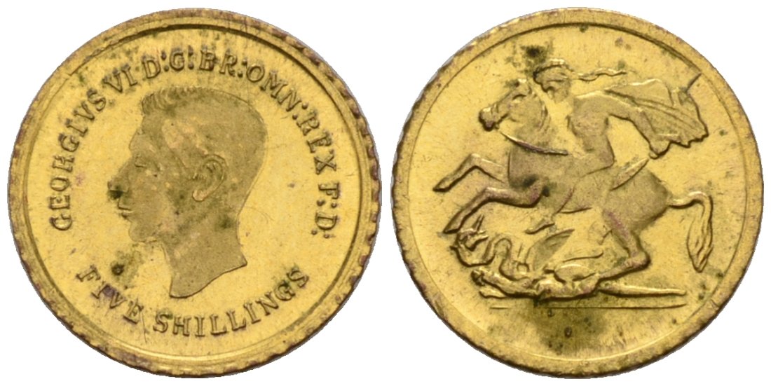 Англия жетон ND Георг VI, 5 шиллингов, Георгий Победоносец, вес 0,21 гр. золото UNC 1527-433