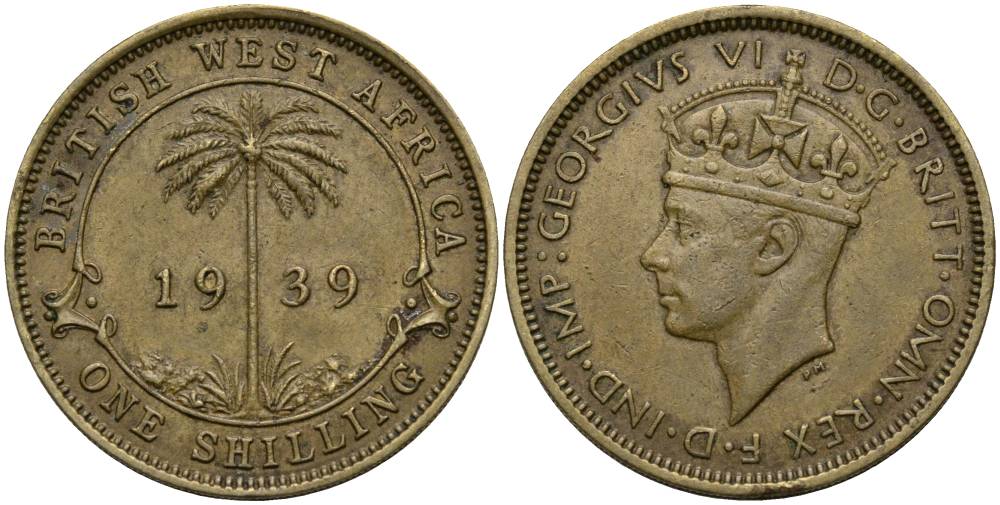 Британская Западная Африка 1 шиллинг 1939 Георг VI (1937-1952), пальма KM 23 никель латунь 27-1037