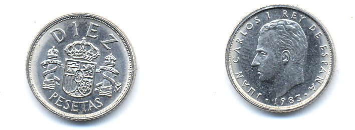 ИСПАНИЯ 10 ПЕСЕТ 1983 KM 827 медно-никель 54-1927