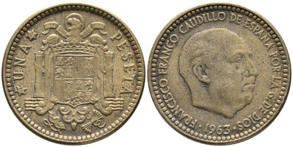 ИСПАНИЯ 1 ПЕСЕТА 1963 (66) ФРАНСИСКО ФРАНКО ДИКТАТОР ИСПАНИИ (1939-1975) KM 775 алюминиевая бронза 110-1137